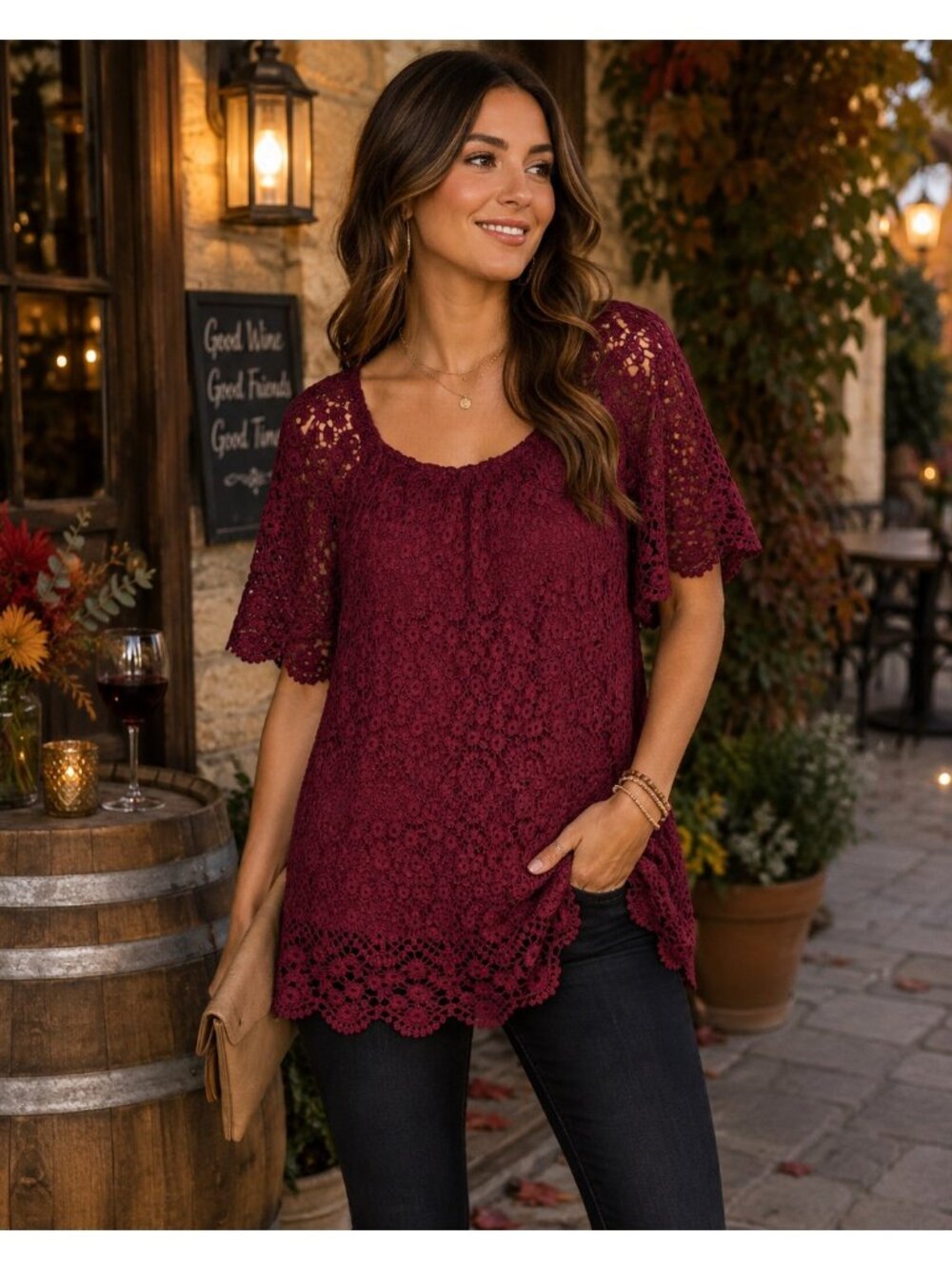 Knox Rose Size M Burgundy Crochet Lace Tunic Top Boho Scallop Hem Short Sleeve